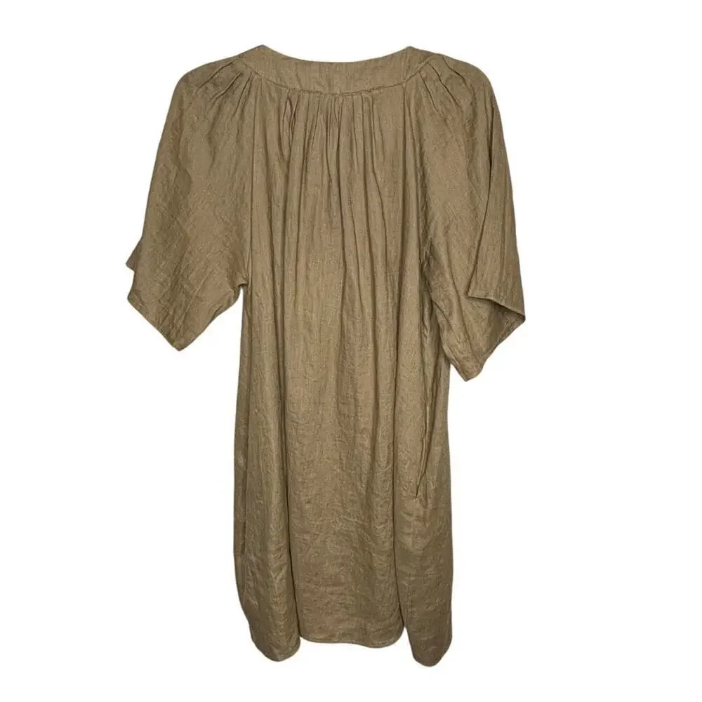 Miou Muse 100% Linen Brown Lagenlook Beachy Relaxed Casual Dress Size Medium